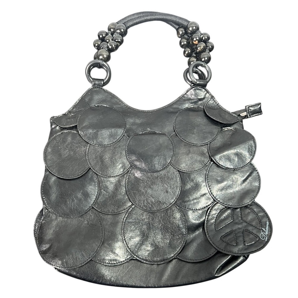 Delicious Black Faux Leather Hobo Shoulder Bag Patchwork Peace Sign Beaded